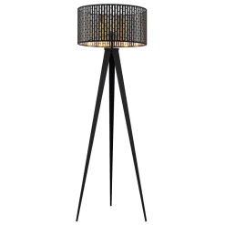 Lindby gulvlampe Thoralf, trefod, sort, tekstil, Ø50cm