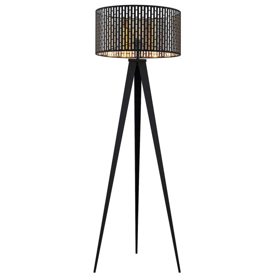 Lindby gulvlampe Thoralf, trefod, sort, tekstil, Ø50cm