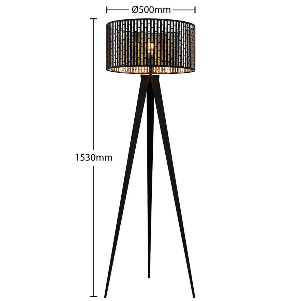 Lindby gulvlampe Thoralf, trefod, sort, tekstil, Ø50cm