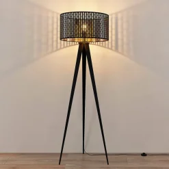 Lindby gulvlampe Thoralf, trefod, sort, tekstil, Ø50cm