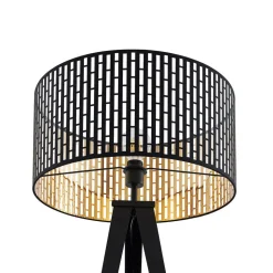 Lindby gulvlampe Thoralf, trefod, sort, tekstil, Ø50cm
