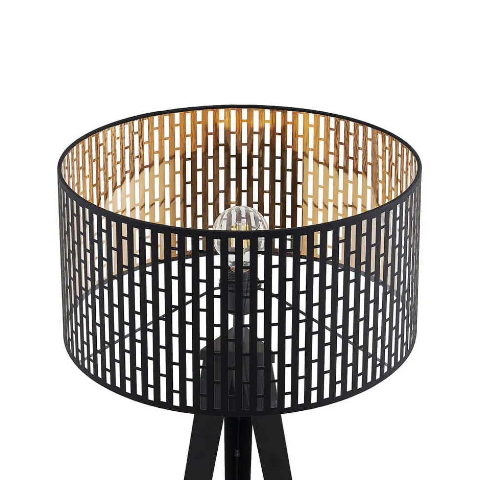 Lindby gulvlampe Thoralf, trefod, sort, tekstil, Ø50cm