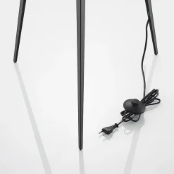 Lindby gulvlampe Thoralf, trefod, sort, tekstil, Ø50cm
