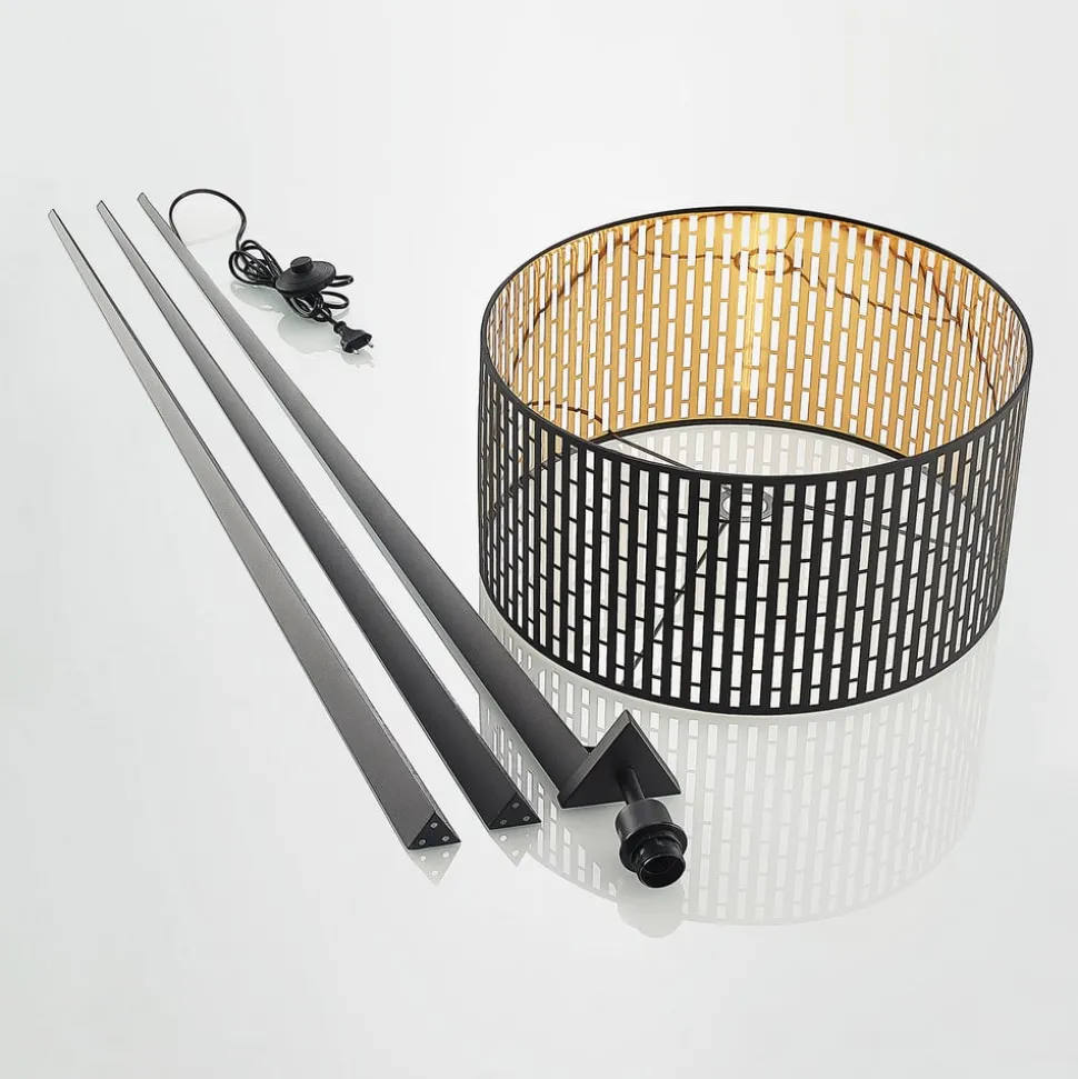 Lindby gulvlampe Thoralf, trefod, sort, tekstil, Ø50cm