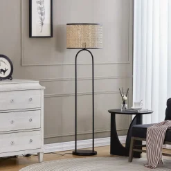 Lindby gulvlampe Yaelle, 146 cm høj, rattan, sort, E27