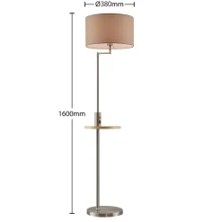 Lindby gulvlampe Zinia, nikkelfarvet, hylde, USB-tilslutning
