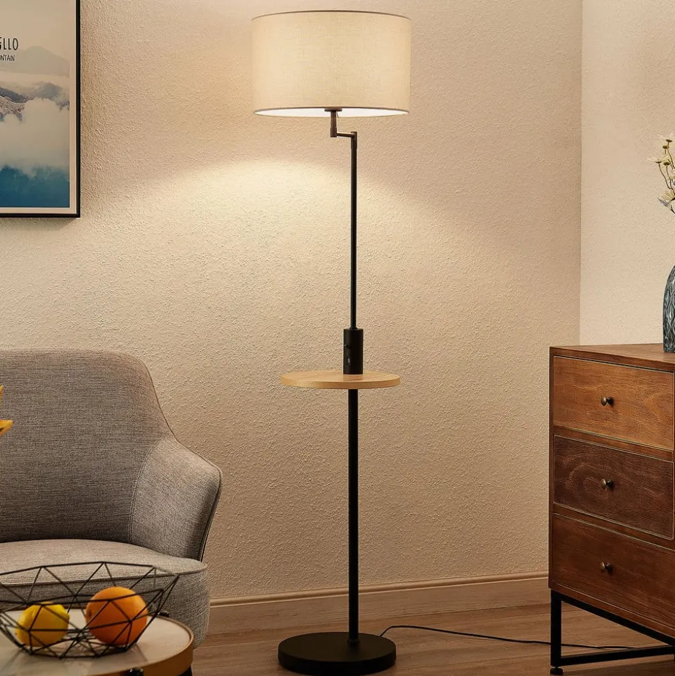Lindby gulvlampe Zinia, sort, hylde, USB-tilslutning