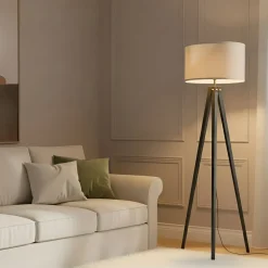 Lindby Herry gulvlampe, sort, træ, trefod, 153 cm