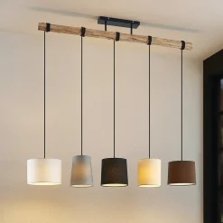 Lindby hængelampe Amilia, stof, 5 lyskilder, grå/beige, E27