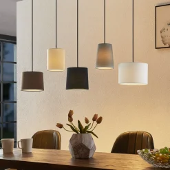 Lindby hængelampe Amilia, stof, 5 lyskilder, grå/beige, E27