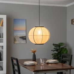 Lindby hængelampe Aurinil, træfarvet, hør, Ø 48cm, E27