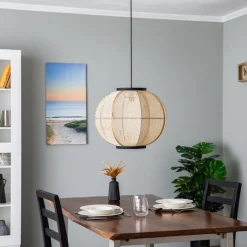 Lindby hængelampe Aurinil, træfarvet, hør, Ø 48cm, E27