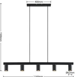 Lindby hængelampe Baliko, sort, 116 cm, 5 lyskilder, GU10