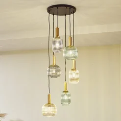 Lindby hængelampe Doroteo, 6 lyskilder, grøn/amber/grå, glas