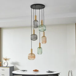 Lindby hængelampe Doroteo, 6 lyskilder, grøn/amber/grå, glas