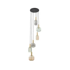 Lindby hængelampe Doroteo, 6 lyskilder, grøn/amber/grå, glas
