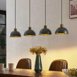 Lindby hængelampe Durbis, 116 cm, 4 lyskilder, grå, træ, E27