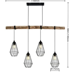 Lindby hængelampe Eldarion, 116 cm, 4 lyskilder, træ, E27