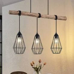 Lindby hængelampe Eldarion, 90 cm, 3 lyskilder, træ, E27