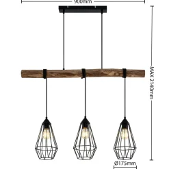 Lindby hængelampe Eldarion, 90 cm, 3 lyskilder, træ, E27