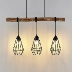 Lindby hængelampe Eldarion, 90 cm, 3 lyskilder, træ, E27