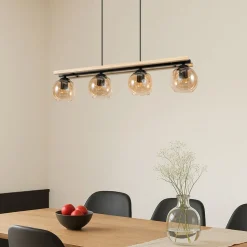 Lindby hængelampe Enrique, amber, 4 lyskilder, glas, træ, E27