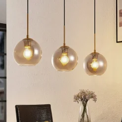 Lindby hængelampe Hiwana, røggrå, glas, 3 lyskilder
