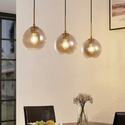Lindby hængelampe Hiwana, røggrå, glas, 3 lyskilder