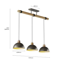 Lindby hængelampe Holgar, grå, 3 lyskilder, træ, metal, E27