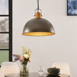 Lindby hængelampe Holgar, grøn, træ, metal, Ø 45 cm, E27