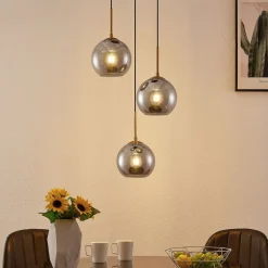 Lindby hængelampe Jurian, 32 cm, 3 lyskilder, bronze, røg, glas