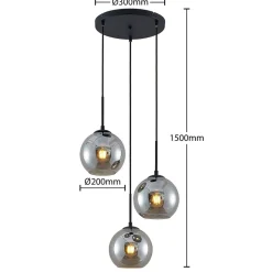 Lindby hængelampe Jurian, 32 cm, 3 lyskilder, sort/røget, glas
