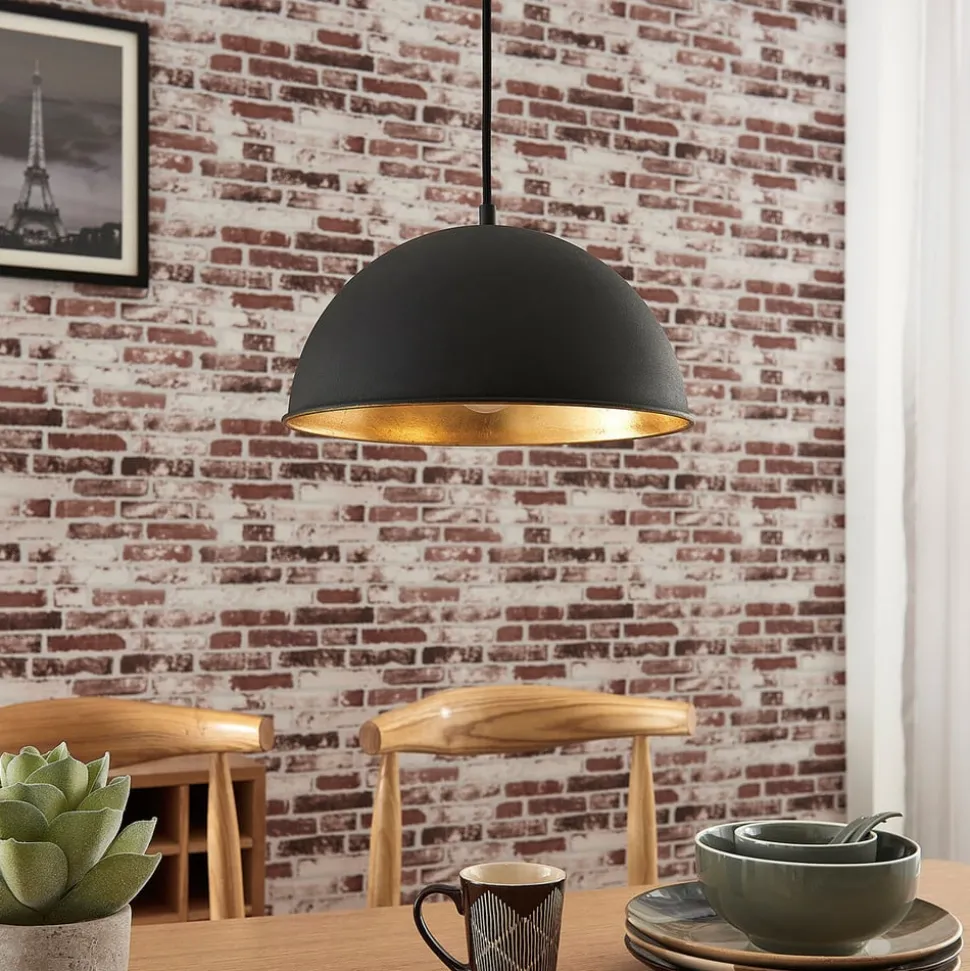 Lindby hængelampe Leya, sort/guld, metal, Ø 30 cm, E27
