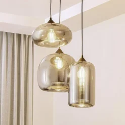Lindby Hængelampe Marla, Rondell, Glas, røggrå, 50 cm
