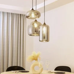 Lindby Hængelampe Marla, Rondell, Glas, røggrå, 50 cm