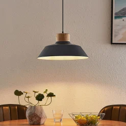 Lindby hængelampe Nefeli, Ø 42 cm, sort, træ, metal