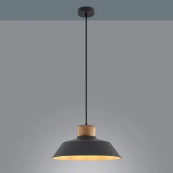 Lindby hængelampe Nefeli, Ø 42 cm, sort, træ, metal