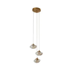 Lindby hængelampe Piatra, Ø25cm, 3 lyskilder, cognac/messing, glas