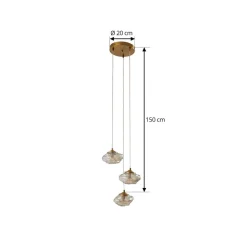 Lindby hængelampe Piatra, Ø25cm, 3 lyskilder, cognac/messing, glas