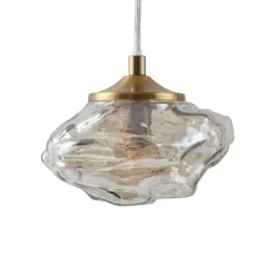 Lindby hængelampe Piatra, Ø45cm, 5 lyskilder, cognac/messing, glas