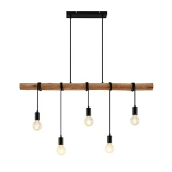 Lindby hængelampe Rom, 5 lyskilder, træ, reb, sort, 116 cm