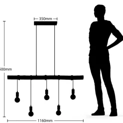 Lindby hængelampe Rom, 5 lyskilder, træ, reb, sort, 116 cm