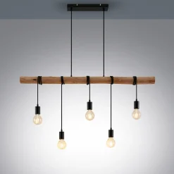 Lindby hængelampe Rom, 5 lyskilder, træ, reb, sort, 116 cm