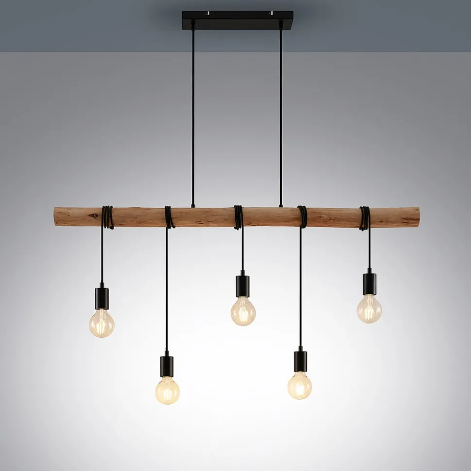 Lindby hængelampe Rom, 5 lyskilder, træ, reb, sort, 116 cm