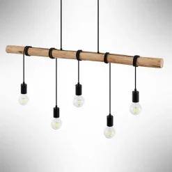 Lindby hængelampe Rom, 5 lyskilder, træ, reb, sort, 116 cm