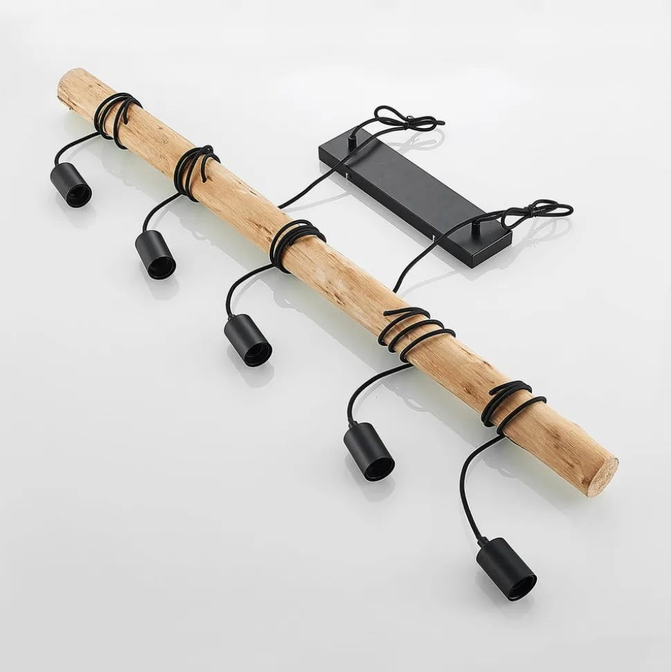 Lindby hængelampe Rom, 5 lyskilder, træ, reb, sort, 116 cm