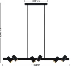 Lindby hængelampe Savoli, 116 cm, sort, 6 lyskilder, stål