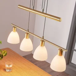 Lindby hængelampe Simeon, messingfarvet, glas, 73 cm, E14