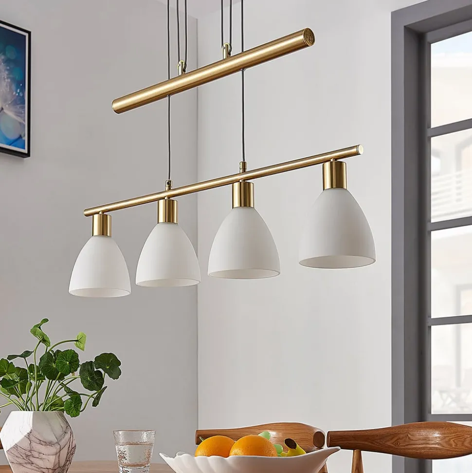 Lindby hængelampe Simeon, messingfarvet, glas, 73 cm, E14