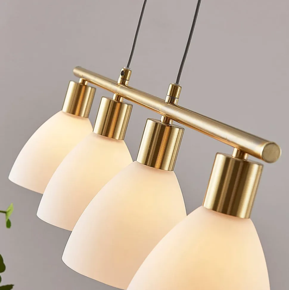 Lindby hængelampe Simeon, messingfarvet, glas, 73 cm, E14